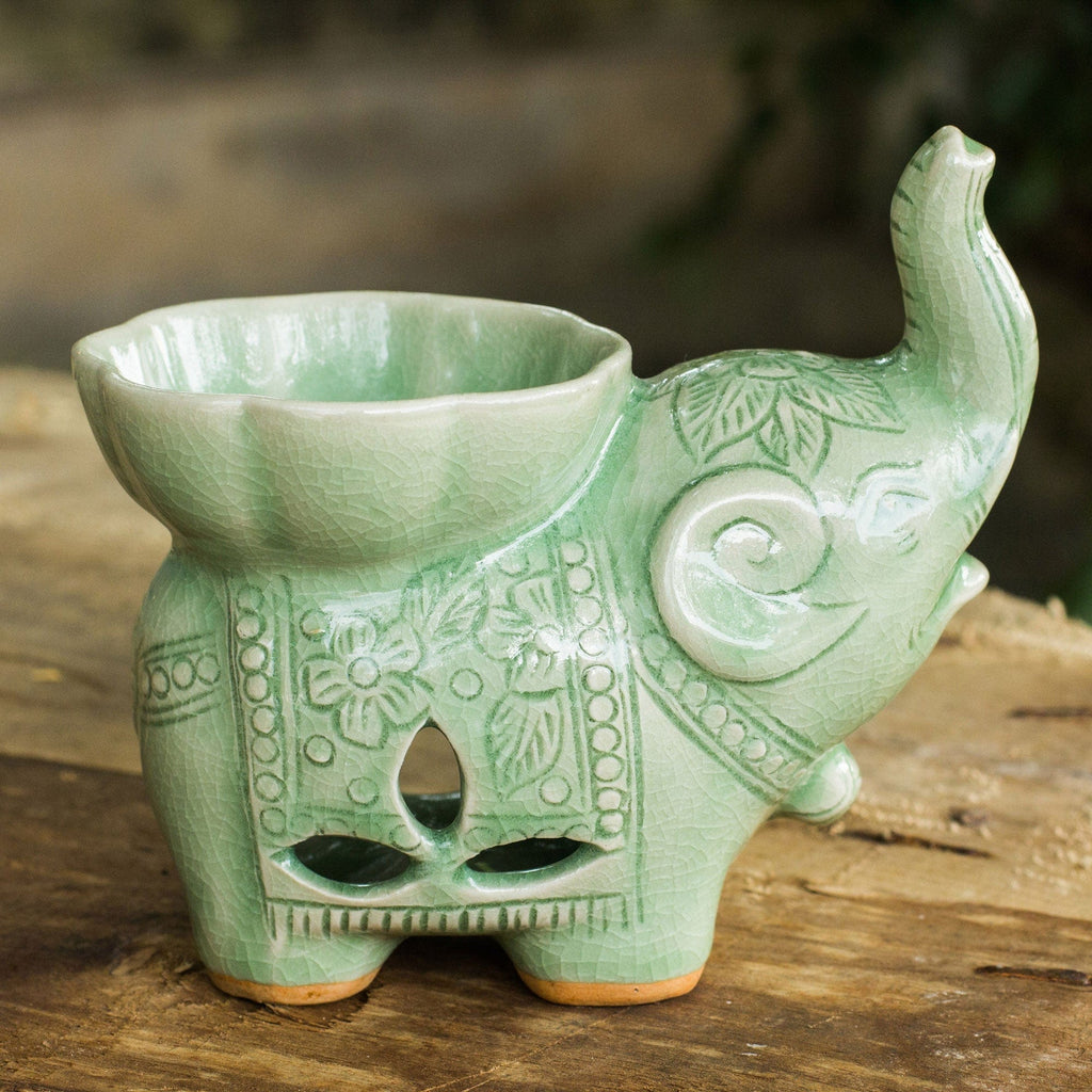 Handmade Light Green Celadon Ceramic Elephant Oil Warmer - Time to Relax