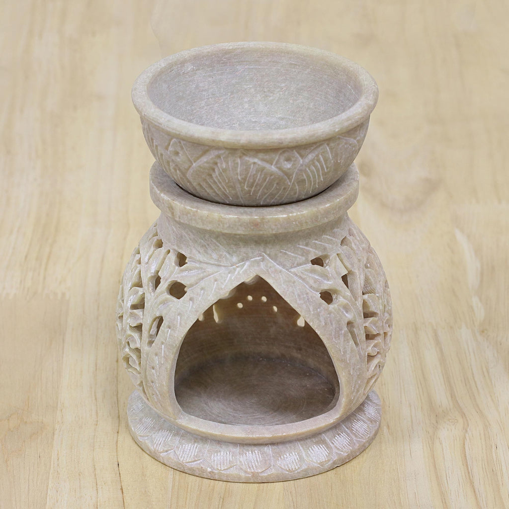 Handcrafted Lotus Flower Soapstone Oil Warmer from India - Floral Warmth