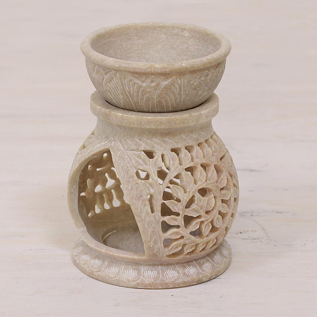 Handcrafted Lotus Flower Soapstone Oil Warmer from India - Floral Warmth