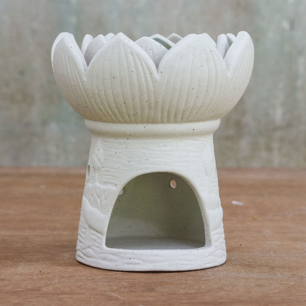 Ceramic Natural White Lotus Flower Oil Warmer - Fragrant Lotus in White