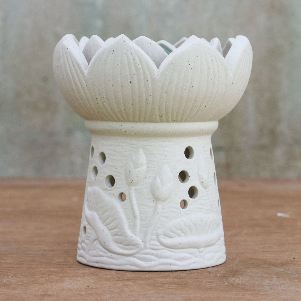 Ceramic Natural White Lotus Flower Oil Warmer - Fragrant Lotus in White