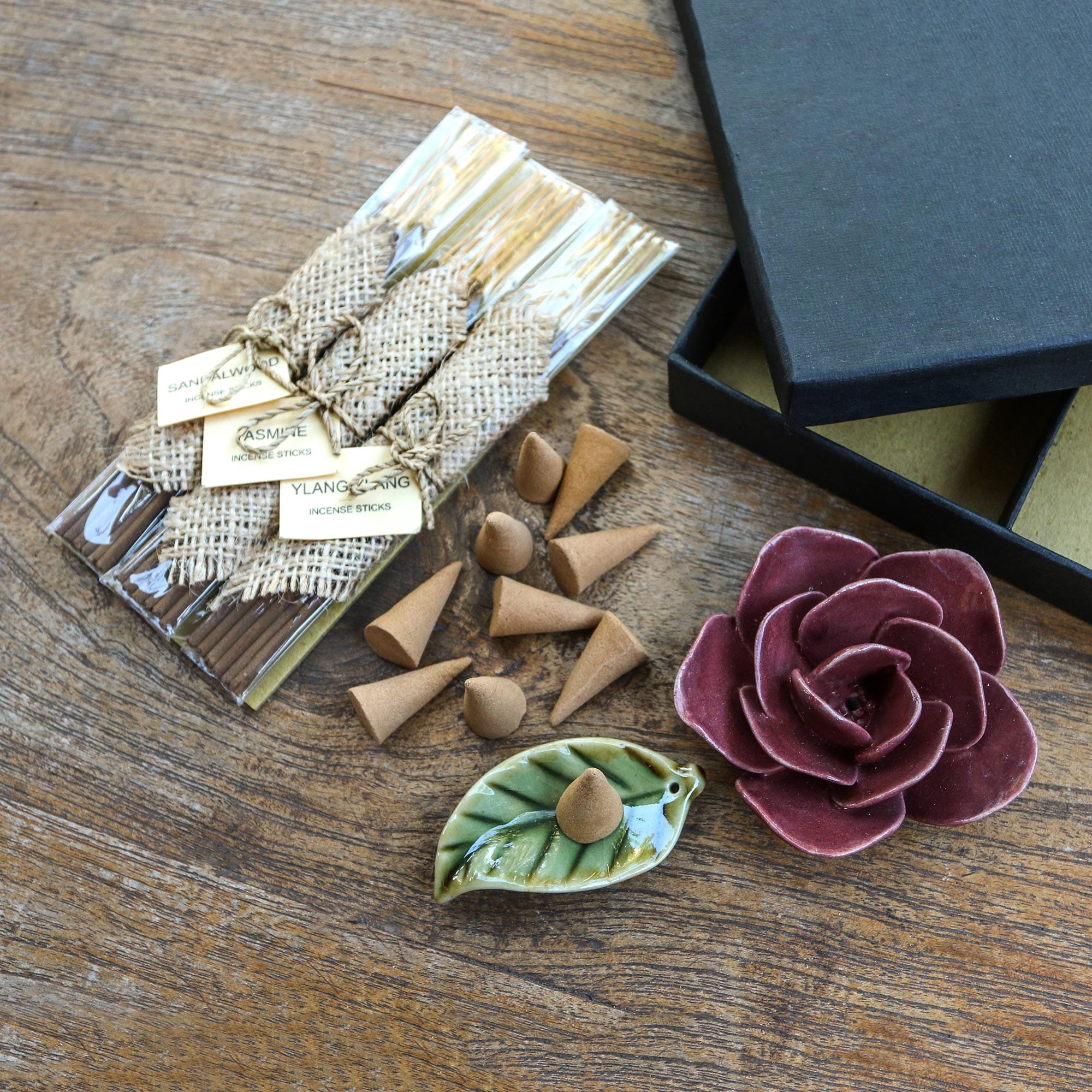 Incense and Ceramic Holders Gift Set - Burgundy Rose