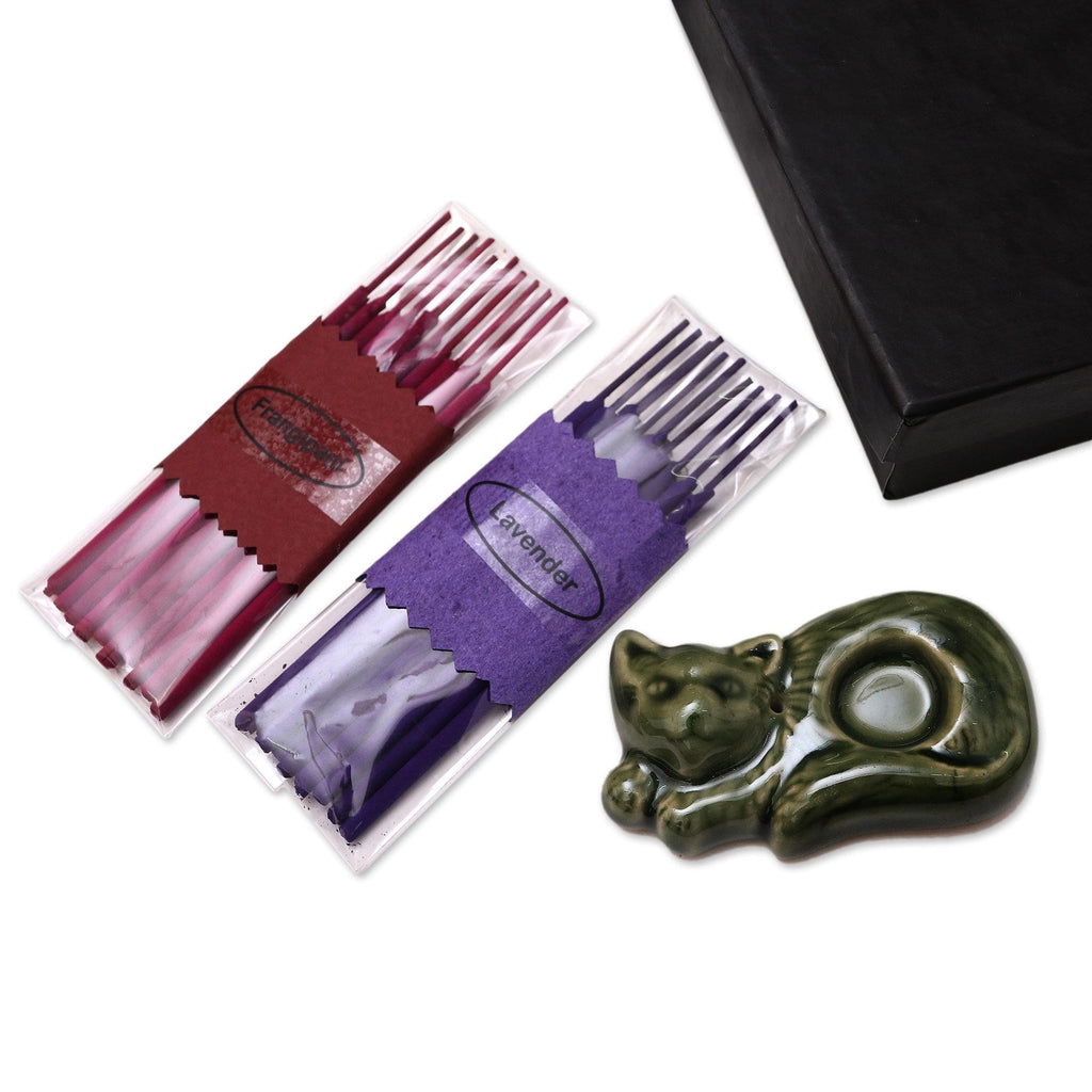 Aromatherapy Set with Ceramic Cat Incense Holder - Relaxed Cat