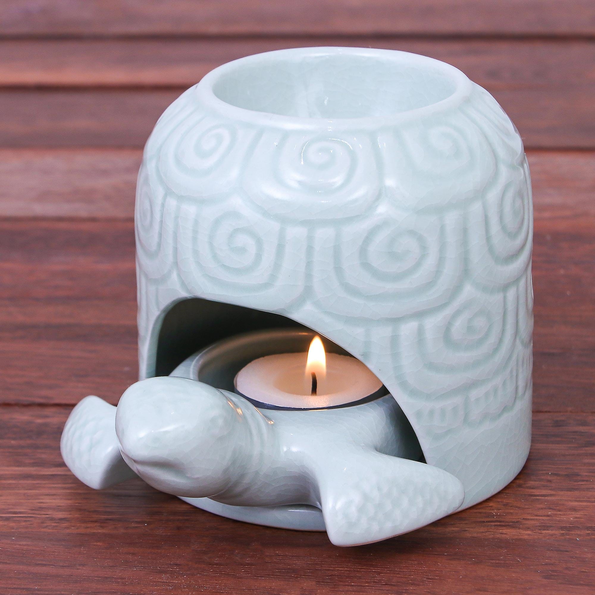 Hand Made Celadon Ceramic Turtle Shell Oil Warmer - Turtle Cave