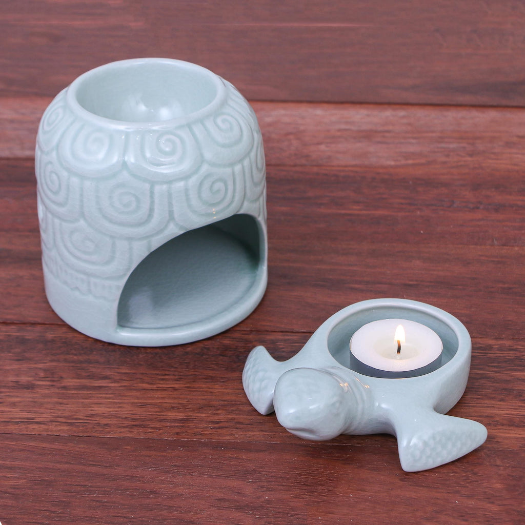 Hand Made Celadon Ceramic Turtle Shell Oil Warmer - Turtle Cave