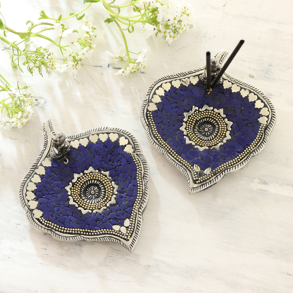 Artisan Crafted Incense Holders with Buddha Motif (Pair) - Blue Betel Buddha