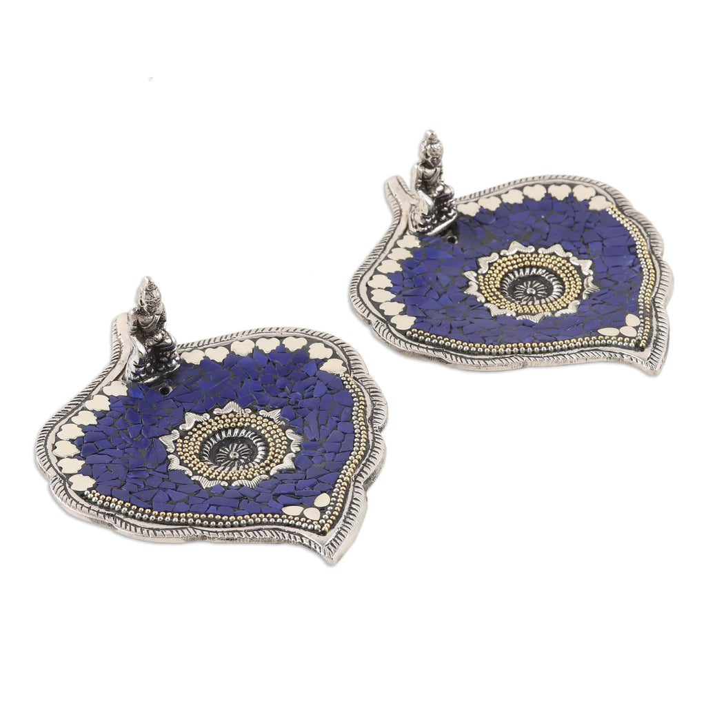 Artisan Crafted Incense Holders with Buddha Motif (Pair) - Blue Betel Buddha