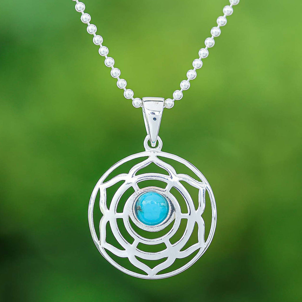 Rose-Themed Recon Turquoise Pendant Necklace from Thailand - Peaceful Rose