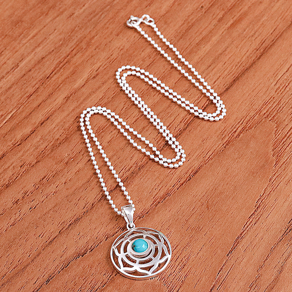 Rose-Themed Recon Turquoise Pendant Necklace from Thailand - Peaceful Rose