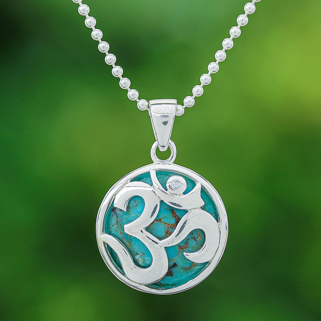 White Topaz and Reconstituted Turquoise Om Pendant Necklace - The Spirit of Purity
