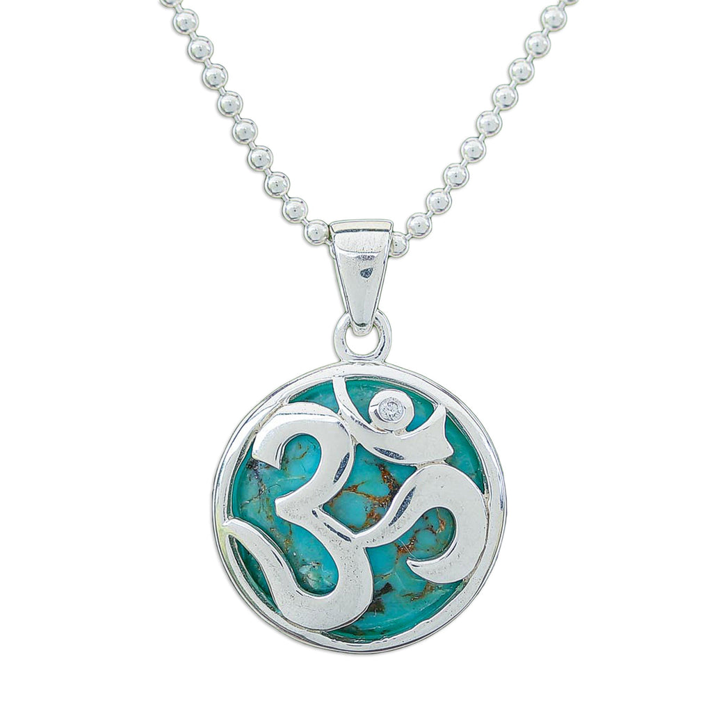 White Topaz and Reconstituted Turquoise Om Pendant Necklace - The Spirit of Purity