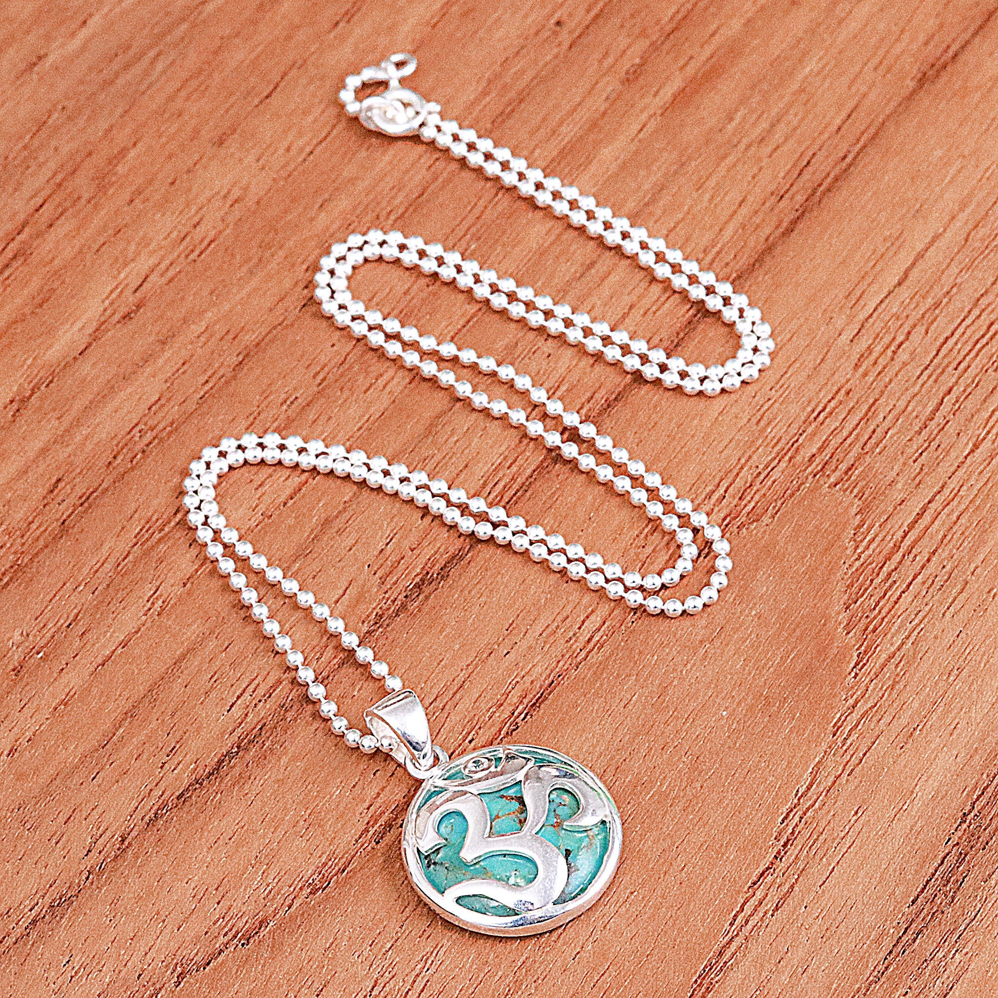 White Topaz and Reconstituted Turquoise Om Pendant Necklace - The Spirit of Purity
