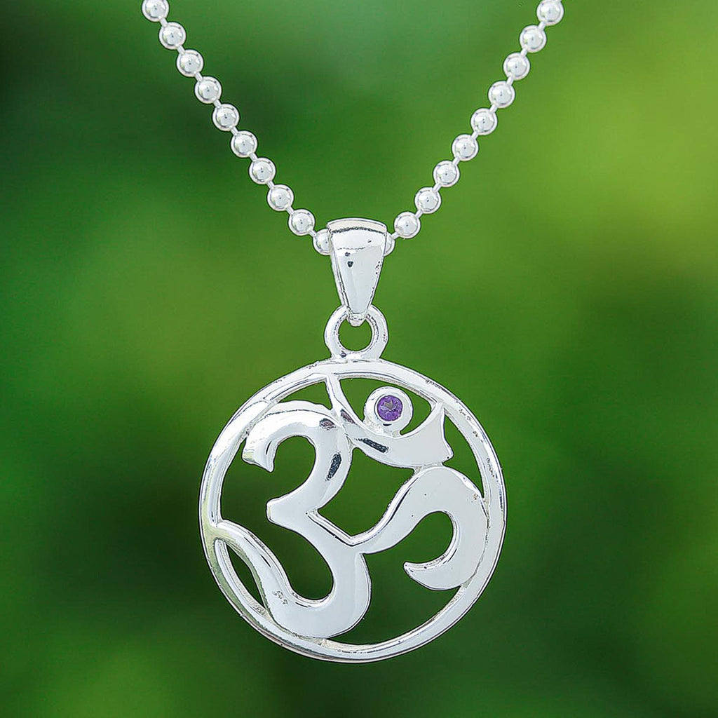 Polished Amethyst Round Om Pendant Necklace from Thailand - Om of Wisdom