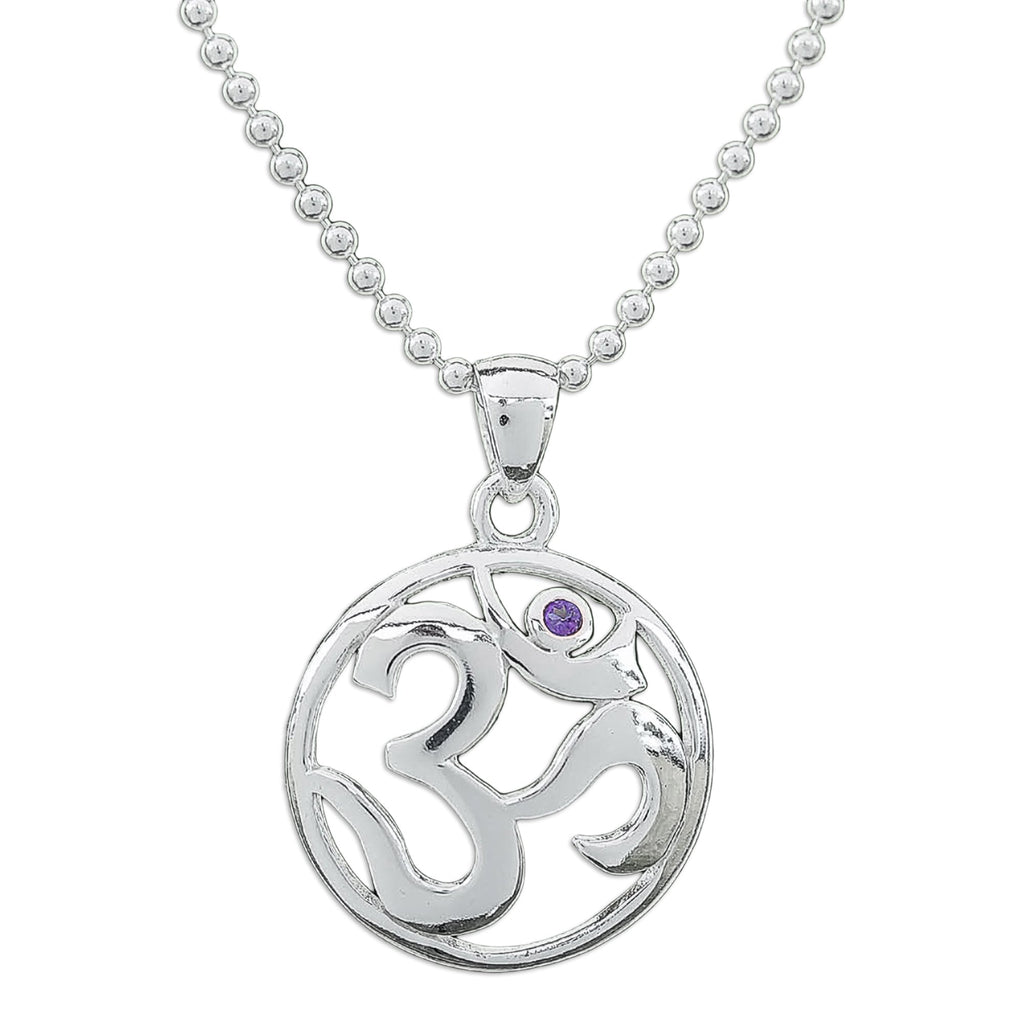 Polished Amethyst Round Om Pendant Necklace from Thailand - Om of Wisdom