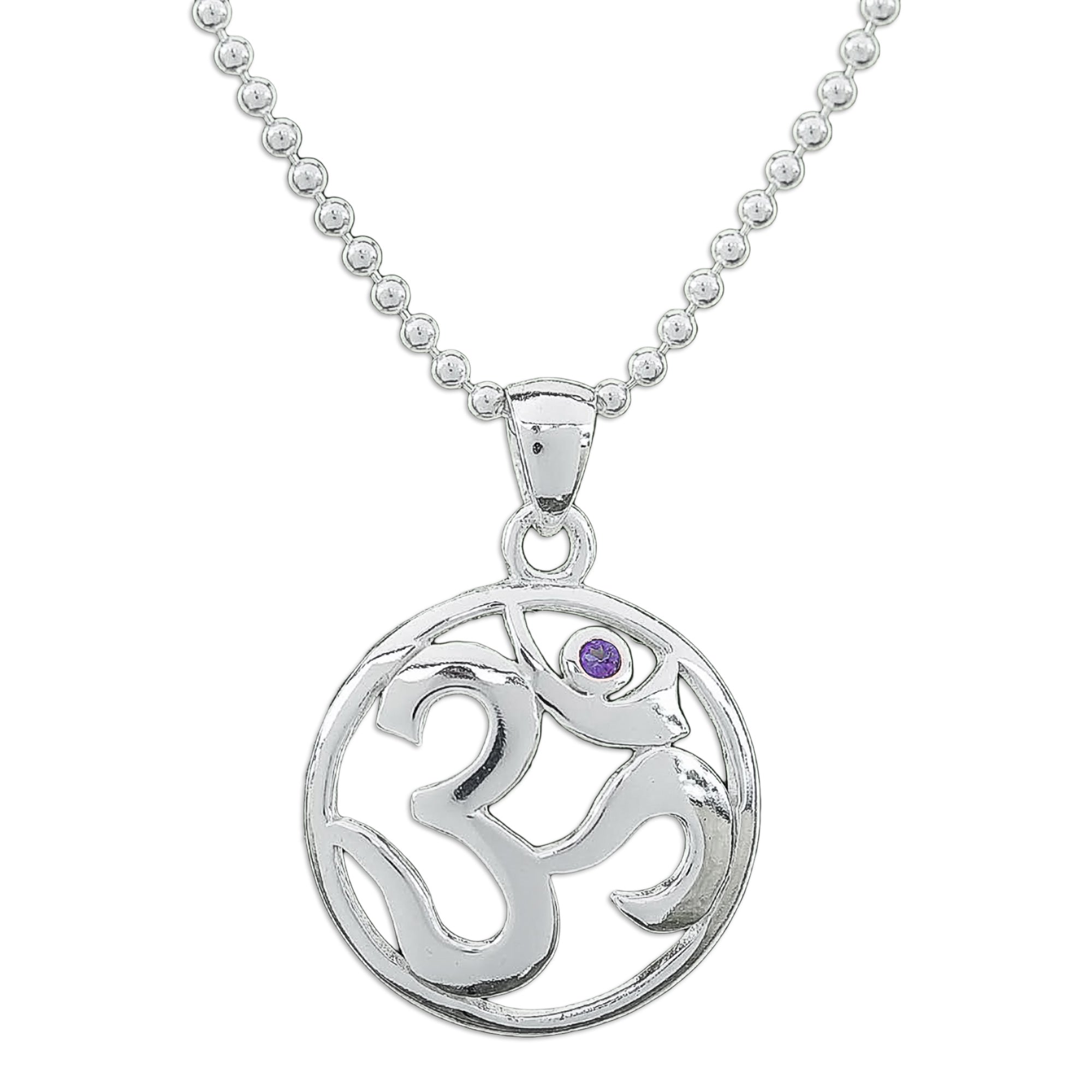 Polished Amethyst Round Om Pendant Necklace from Thailand - Om of Wisdom
