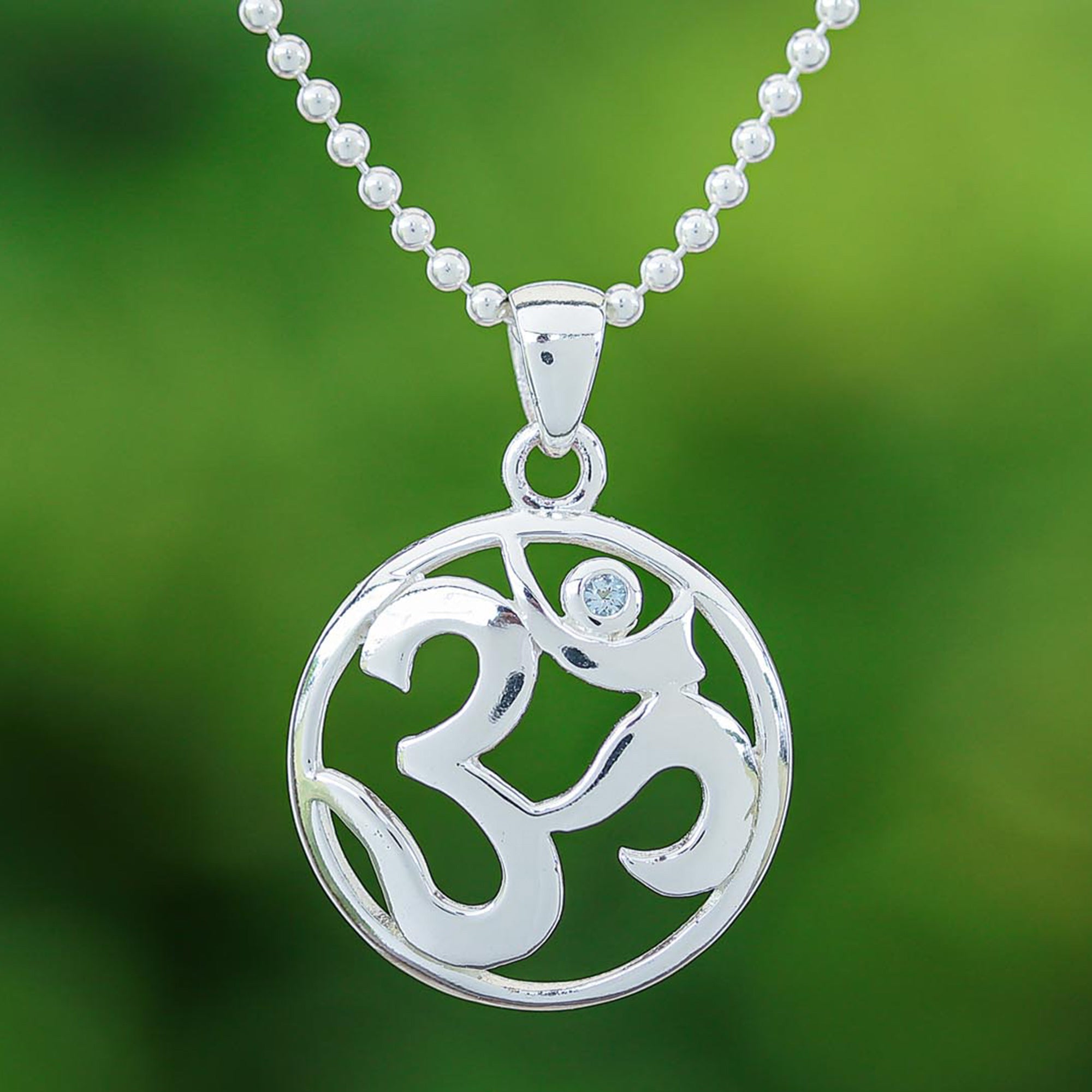 Polished Blue Topaz Round Om Pendant Necklace from Thailand - Om of Loyalty