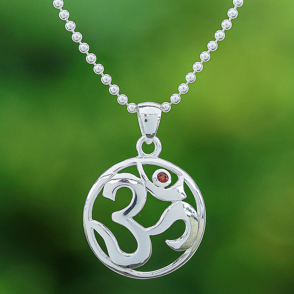 Polished Garnet Round Om Pendant Necklace from Thailand - Om of Passion