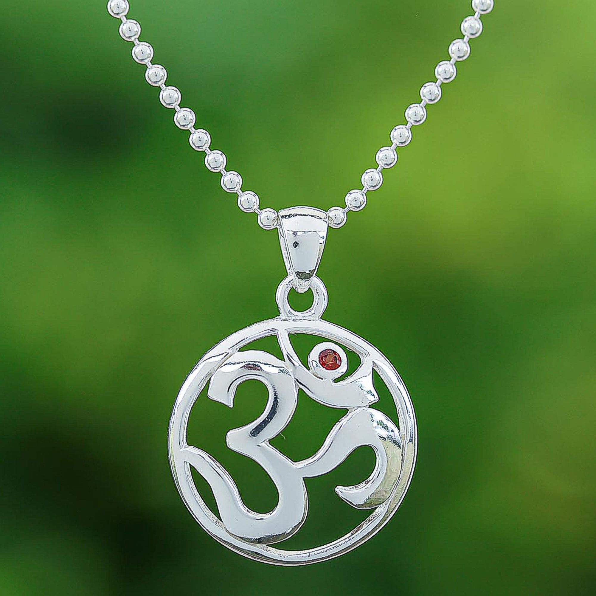 Polished Garnet Round Om Pendant Necklace from Thailand - Om of Passion