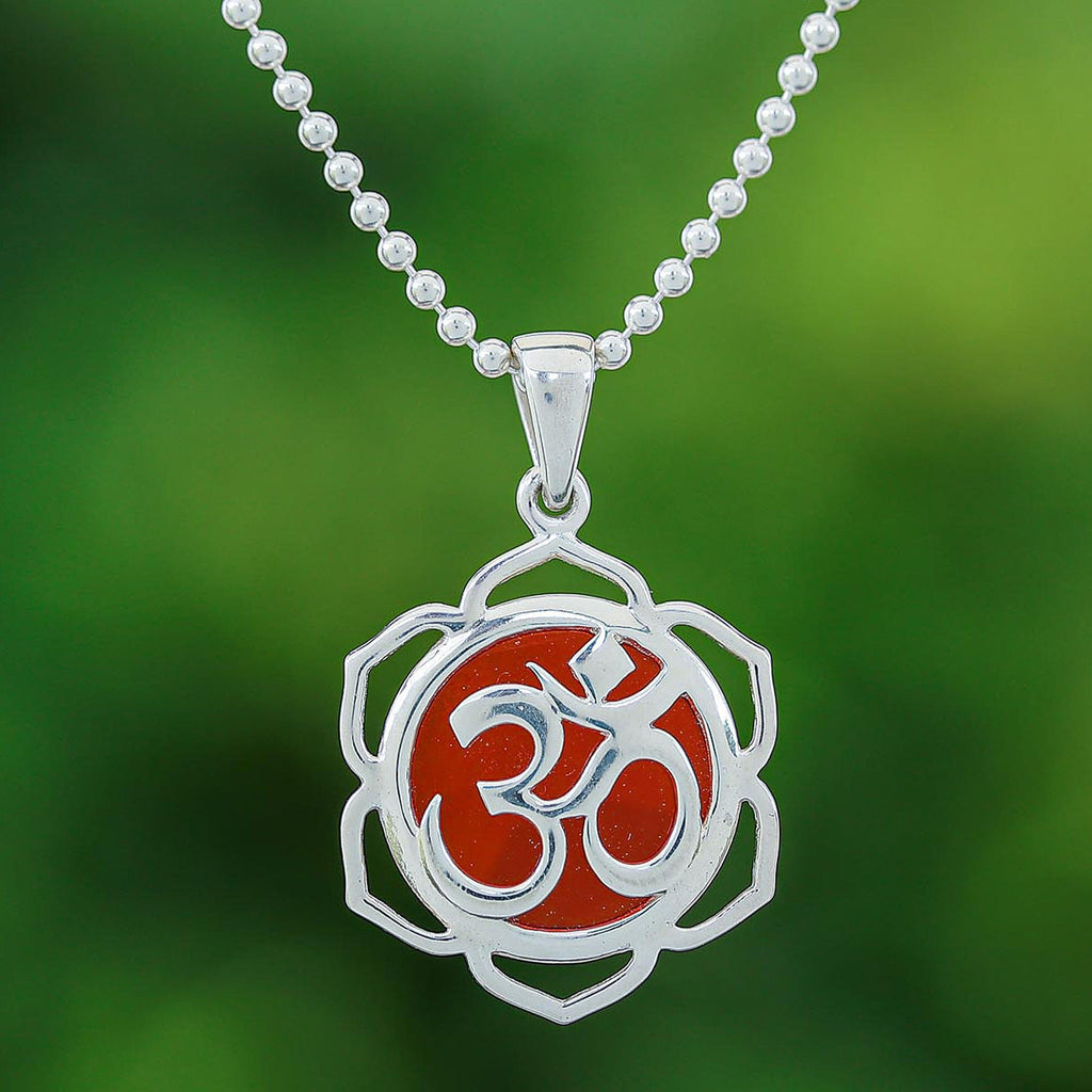 Floral Om-Themed Carnelian Pendant Necklace from Thailand - Sacred Fire Bloom