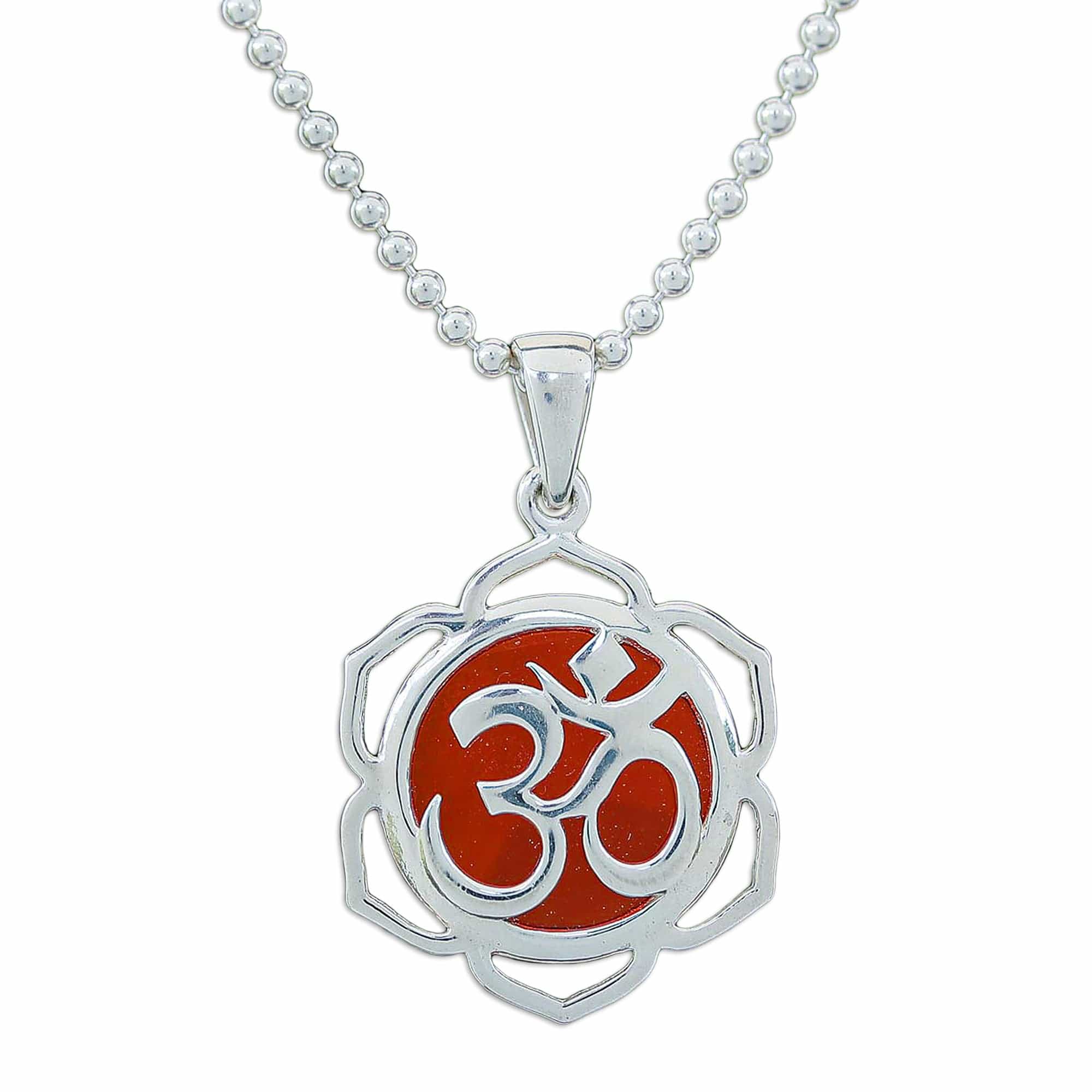 Floral Om-Themed Carnelian Pendant Necklace from Thailand - Sacred Fire Bloom