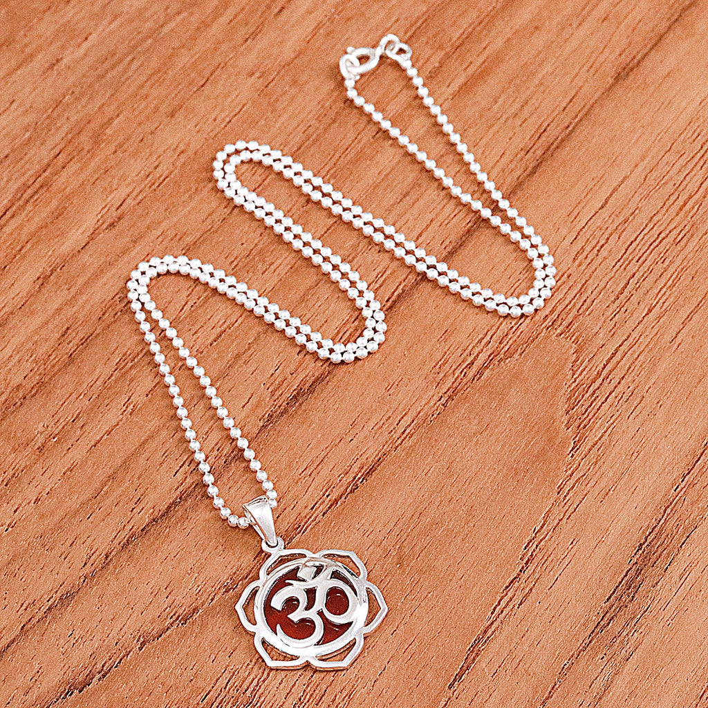 Floral Om-Themed Carnelian Pendant Necklace from Thailand - Sacred Fire Bloom