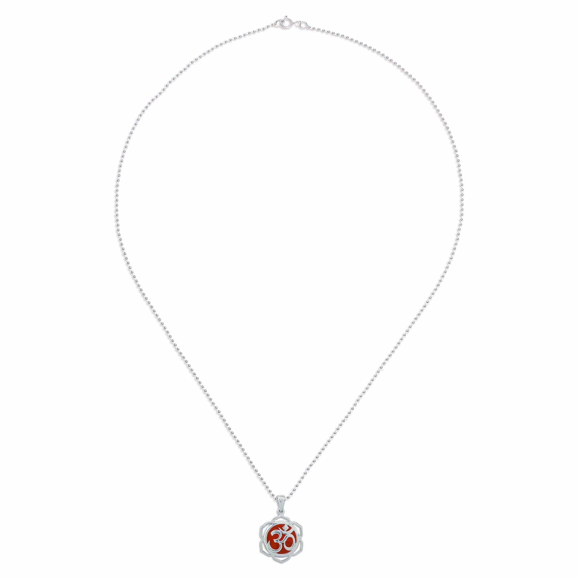 Floral Om-Themed Carnelian Pendant Necklace from Thailand - Sacred Fire Bloom