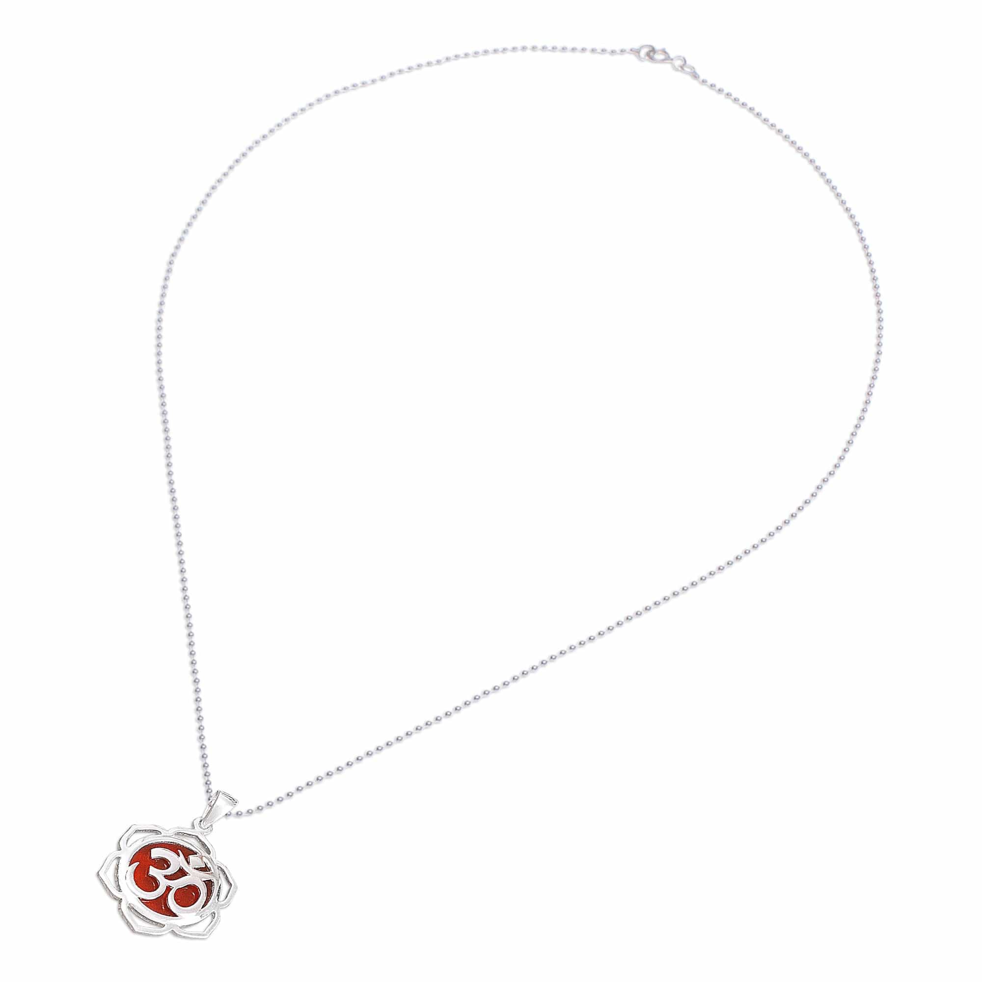 Floral Om-Themed Carnelian Pendant Necklace from Thailand - Sacred Fire Bloom