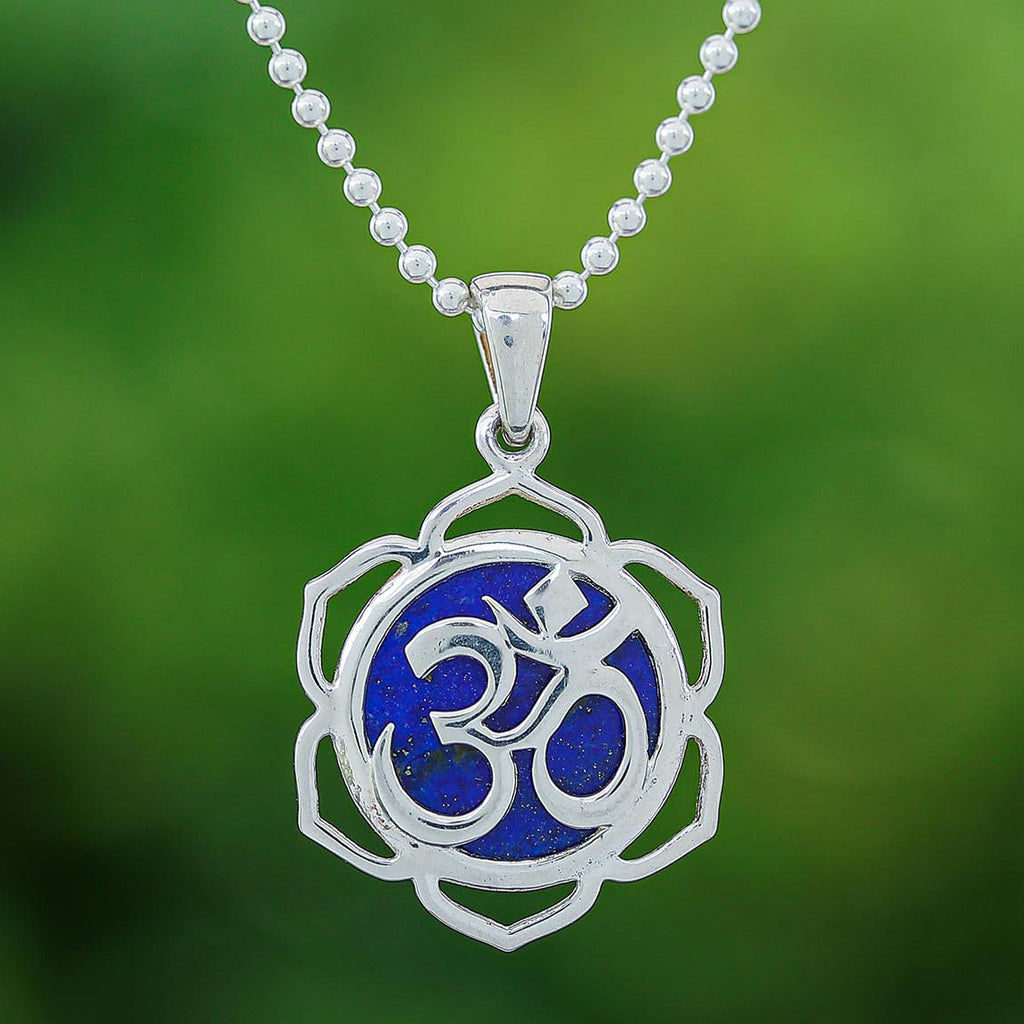 Floral Om-Themed Lapis Lazuli Pendant Necklace from Thailand - Sacred Regal Bloom
