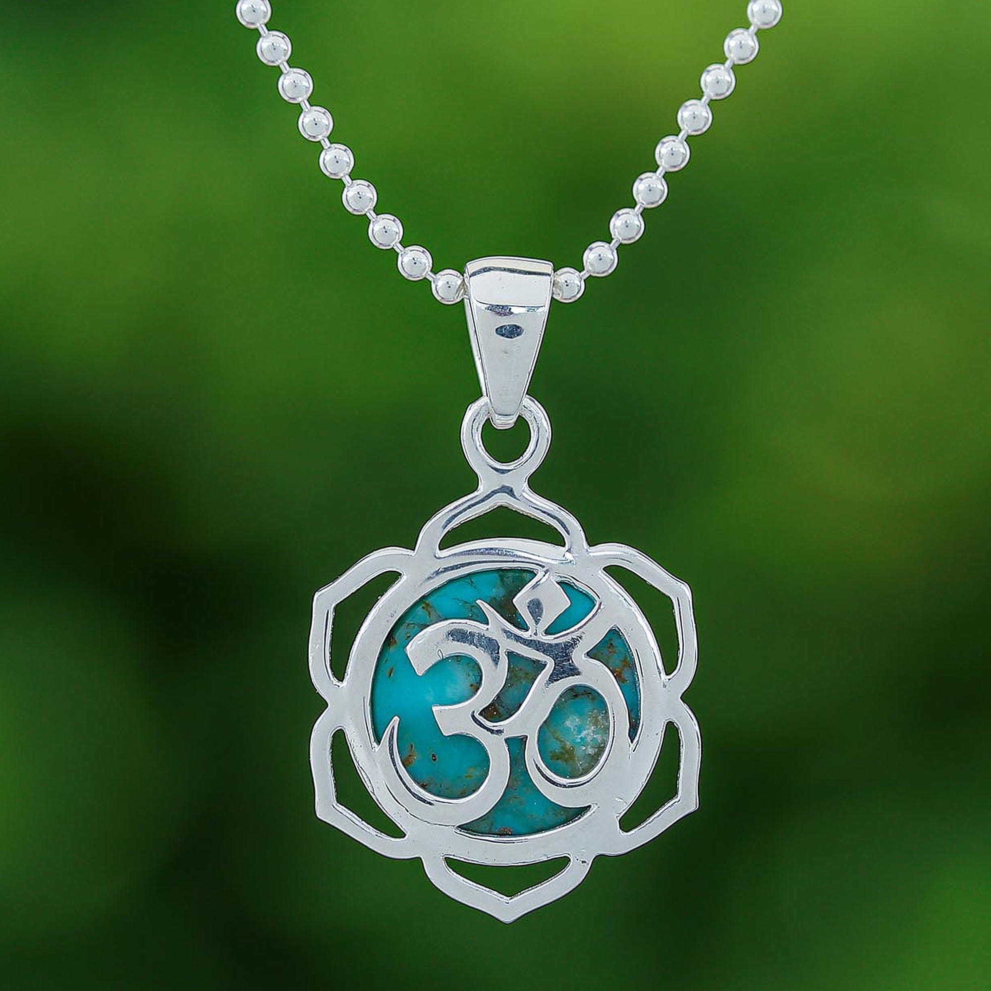 Floral Om-Themed Reconstituted Turquoise Pendant Necklace - Sacred Peace Bloom