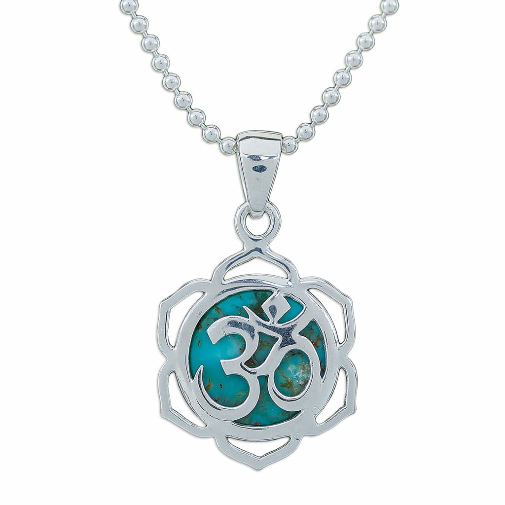 Floral Om-Themed Reconstituted Turquoise Pendant Necklace - Sacred Peace Bloom