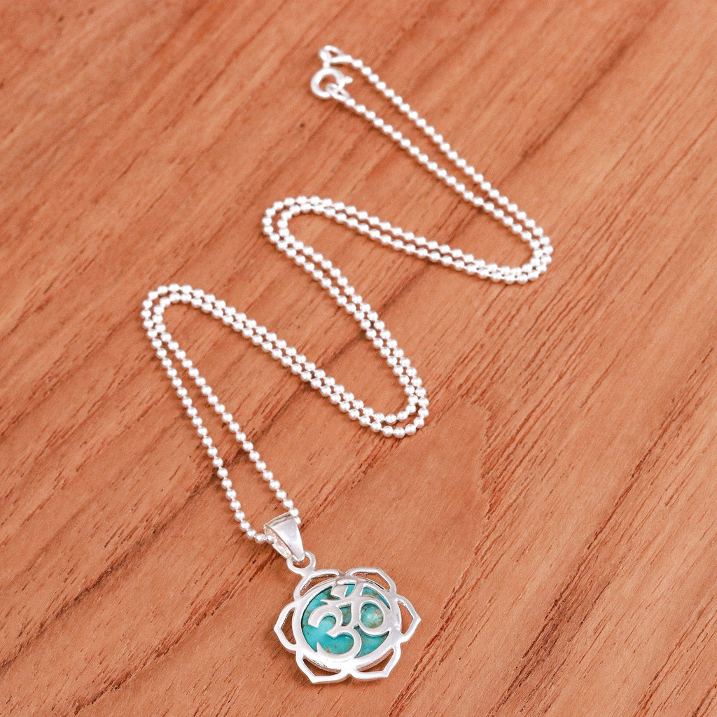 Floral Om-Themed Reconstituted Turquoise Pendant Necklace - Sacred Peace Bloom