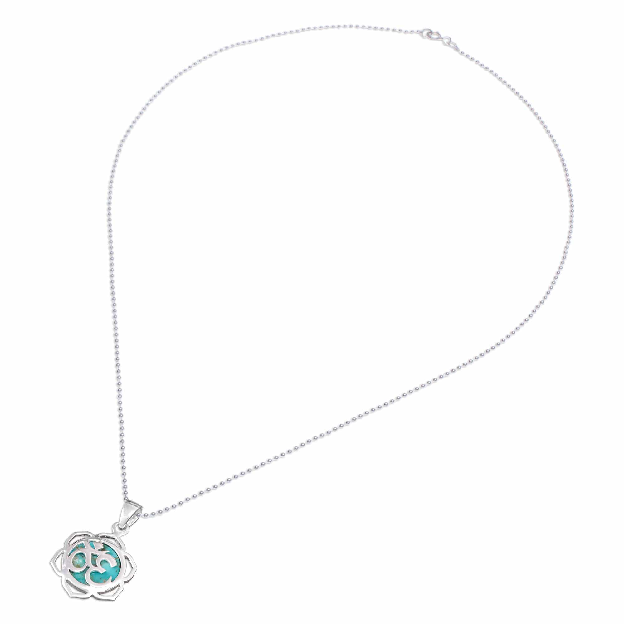Floral Om-Themed Reconstituted Turquoise Pendant Necklace - Sacred Peace Bloom
