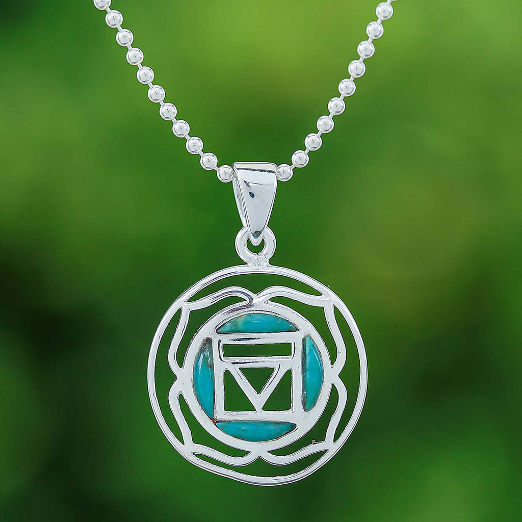 Inspirational Lotus-Themed Recon Turquoise Pendant Necklace - Mind in Peace