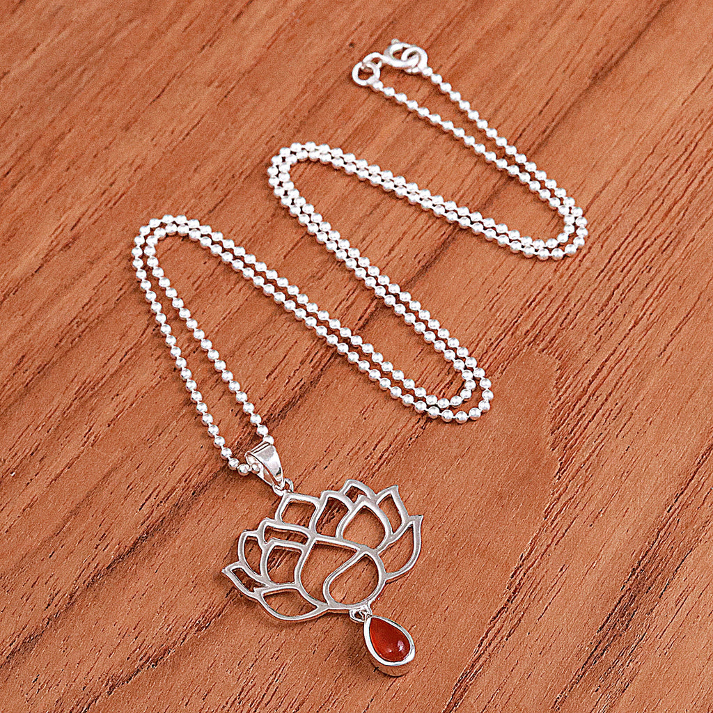Openwork Carnelian Silver Chakra Floral Pendant Necklace - Orange Chakra Bloom
