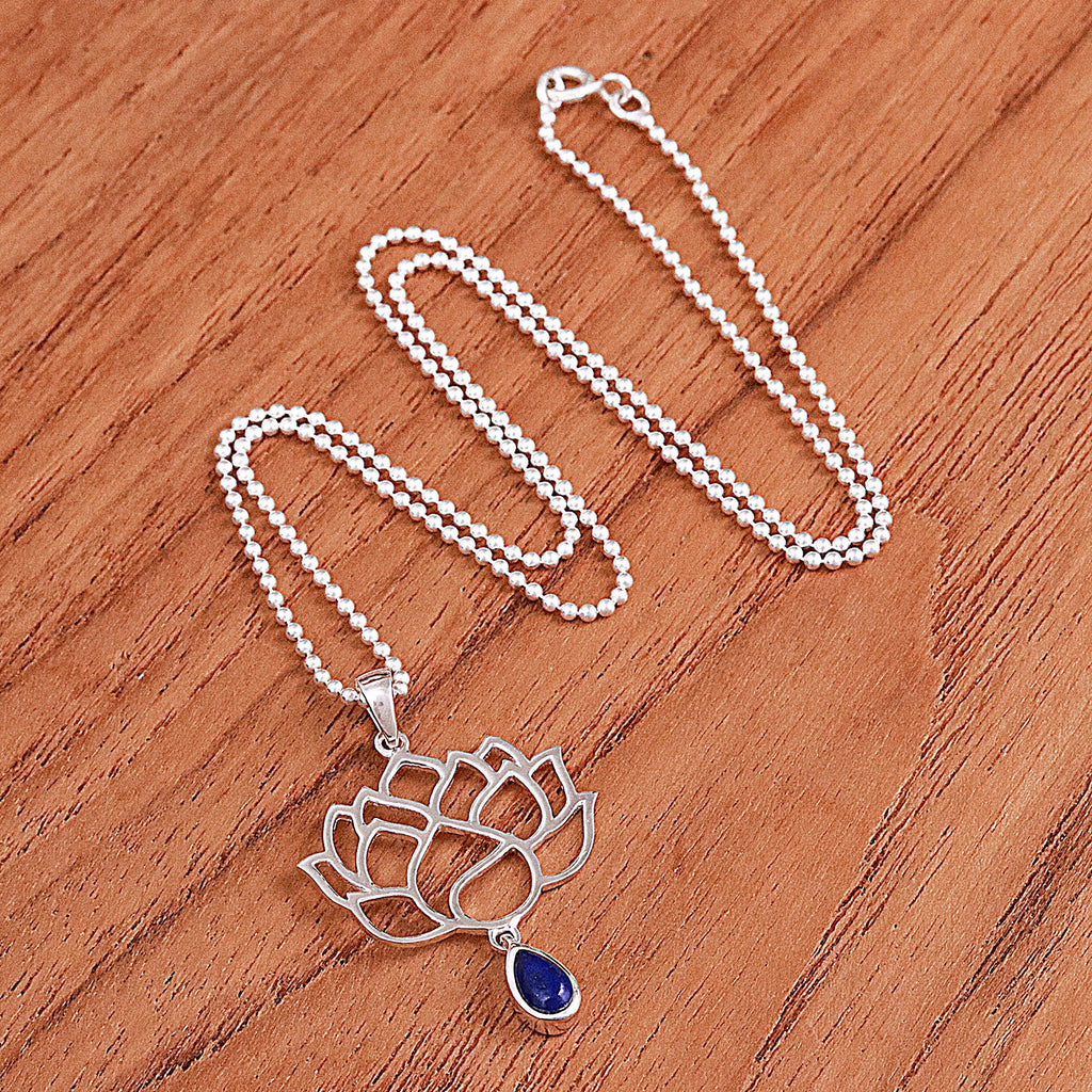 Lapis Lazuli Sterling Silver Chakra Floral Pendant Necklace - Blue Chakra Bloom