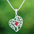 Carnelian Silver Heart Tree of Life-Themed Pendant Necklace - Red Tree of Love