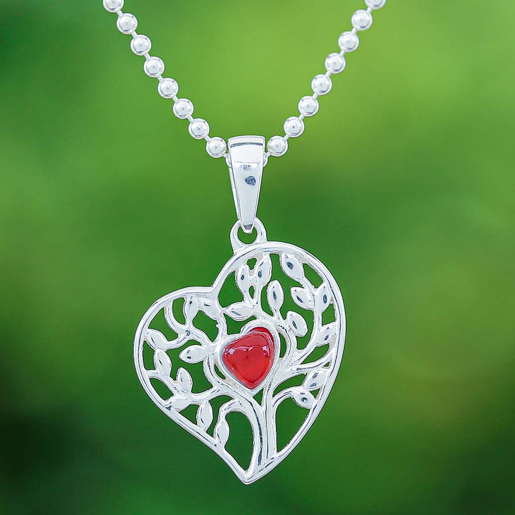 Carnelian Silver Heart Tree of Life-Themed Pendant Necklace - Red Tree of Love