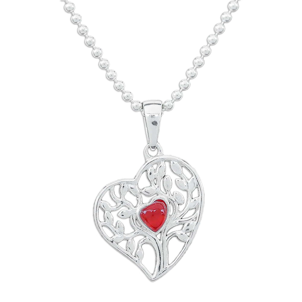 Carnelian Silver Heart Tree of Life-Themed Pendant Necklace - Red Tree of Love