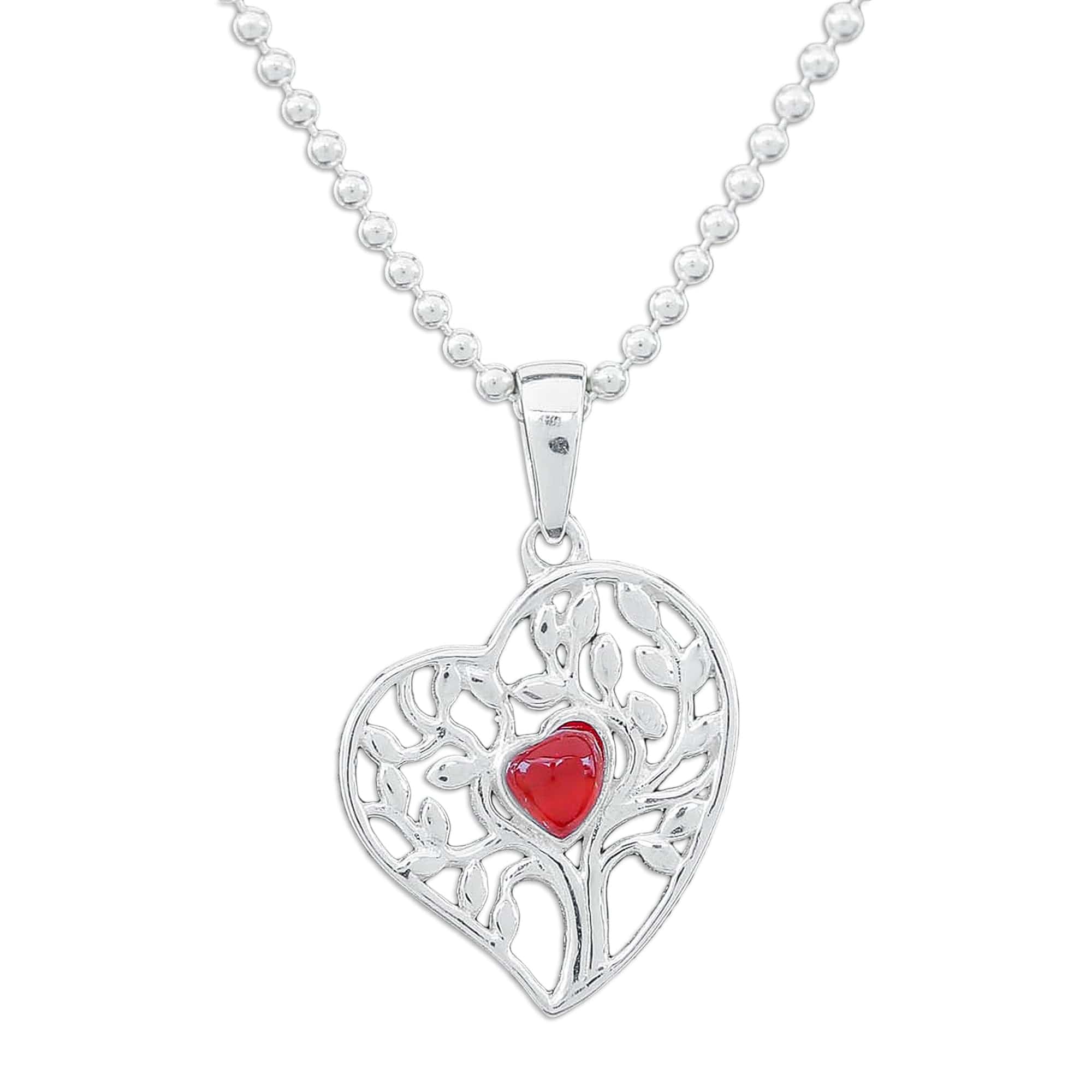 Carnelian Silver Heart Tree of Life-Themed Pendant Necklace - Red Tree of Love