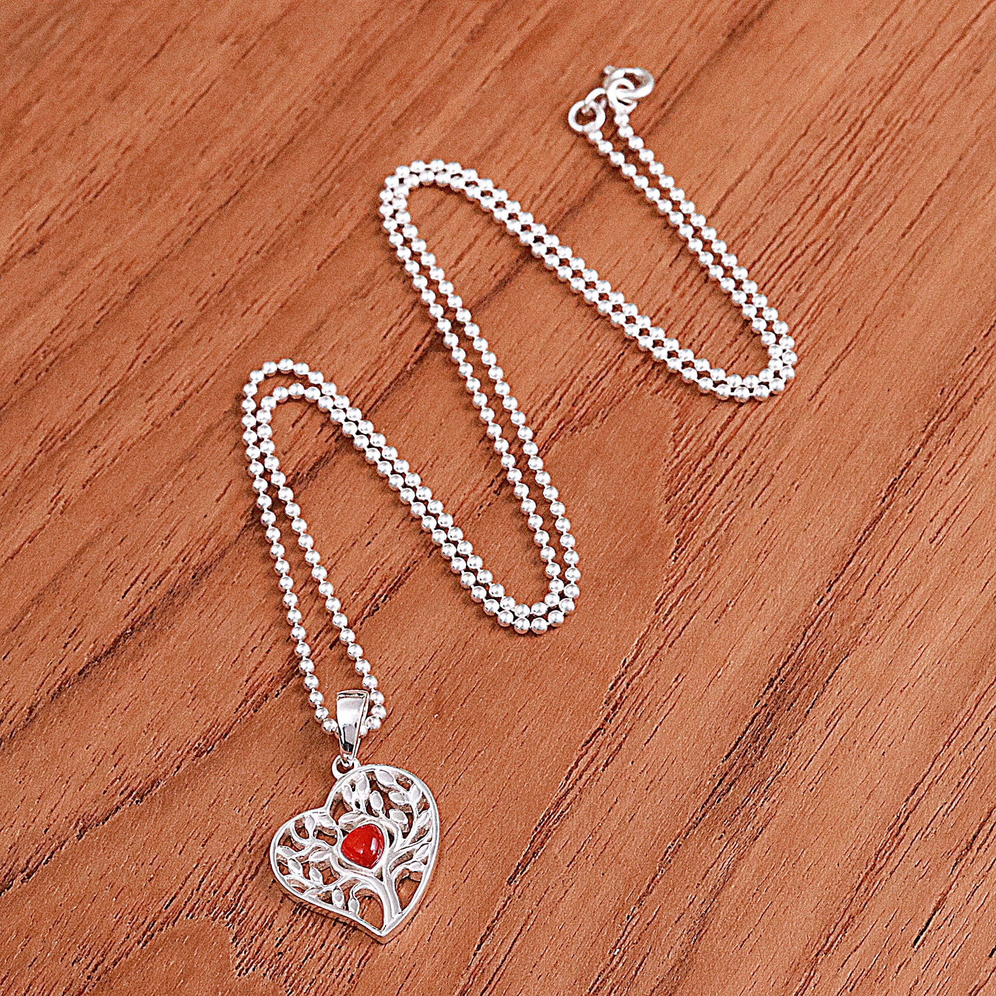 Carnelian Silver Heart Tree of Life-Themed Pendant Necklace - Red Tree of Love
