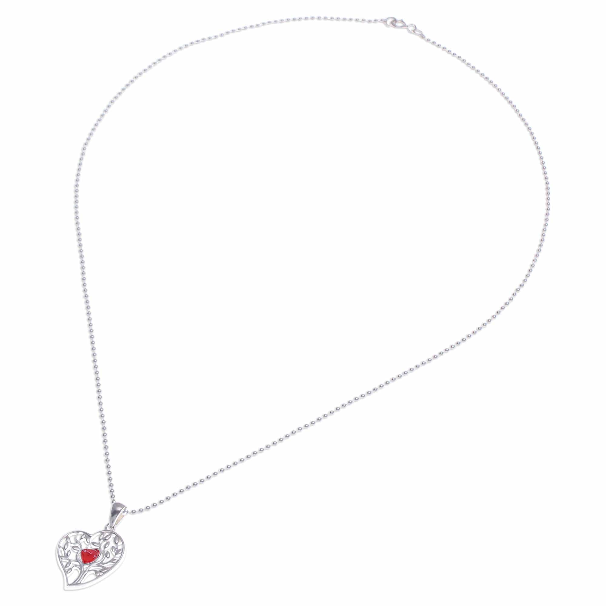 Carnelian Silver Heart Tree of Life-Themed Pendant Necklace - Red Tree of Love