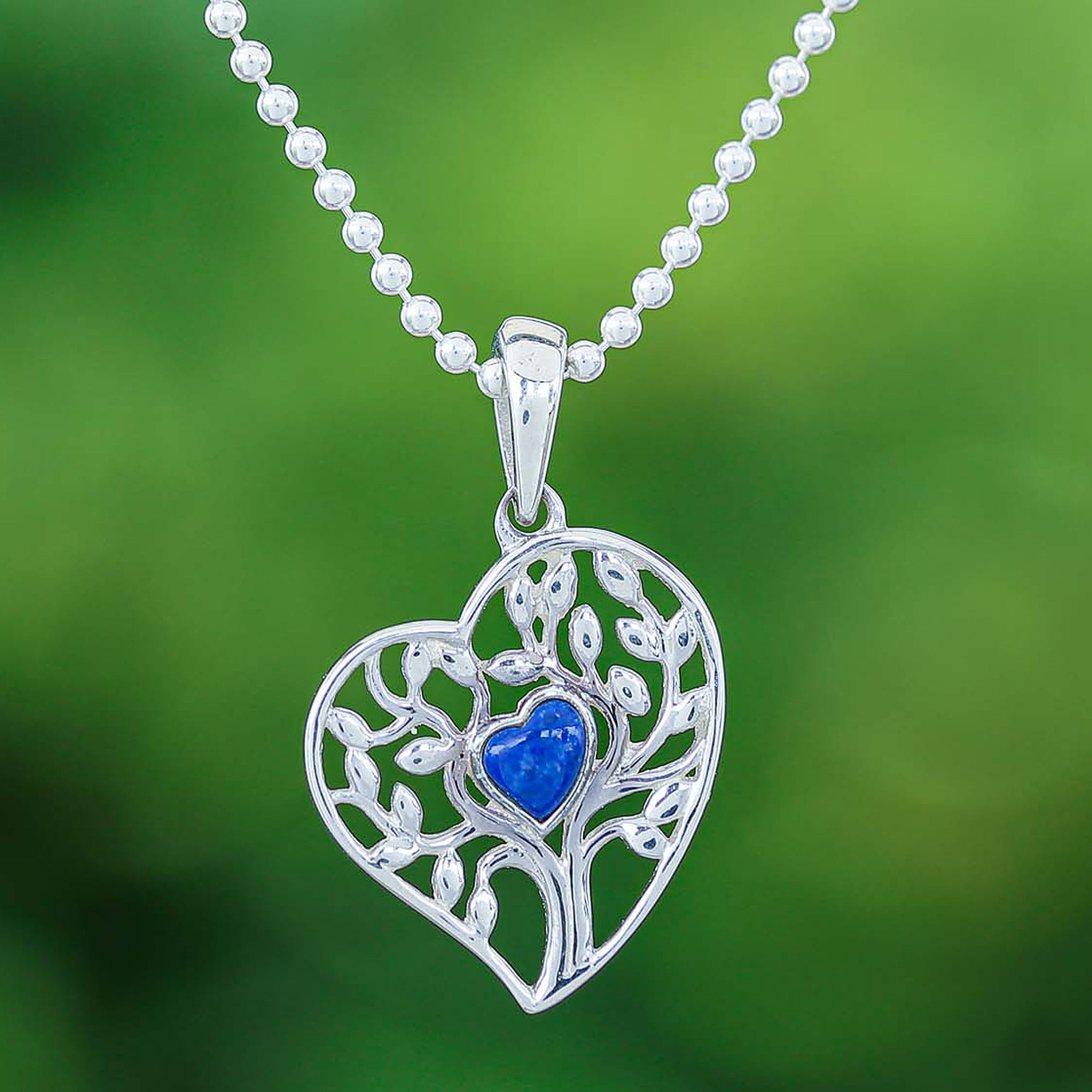 Lapis Lazuli Heart and Tree of Life-Themed Pendant Necklace - Blue Tree of Love