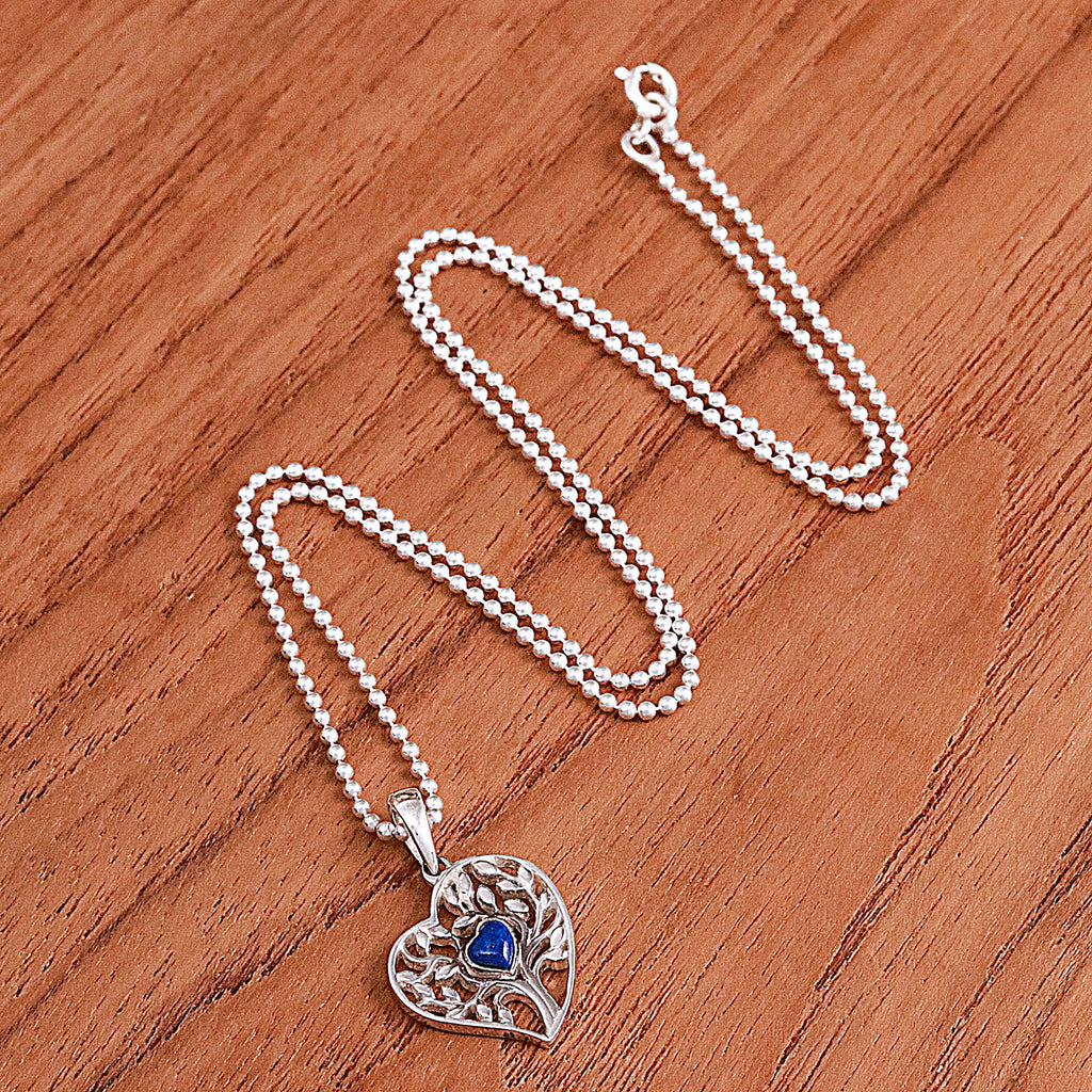 Lapis Lazuli Heart and Tree of Life-Themed Pendant Necklace - Blue Tree of Love