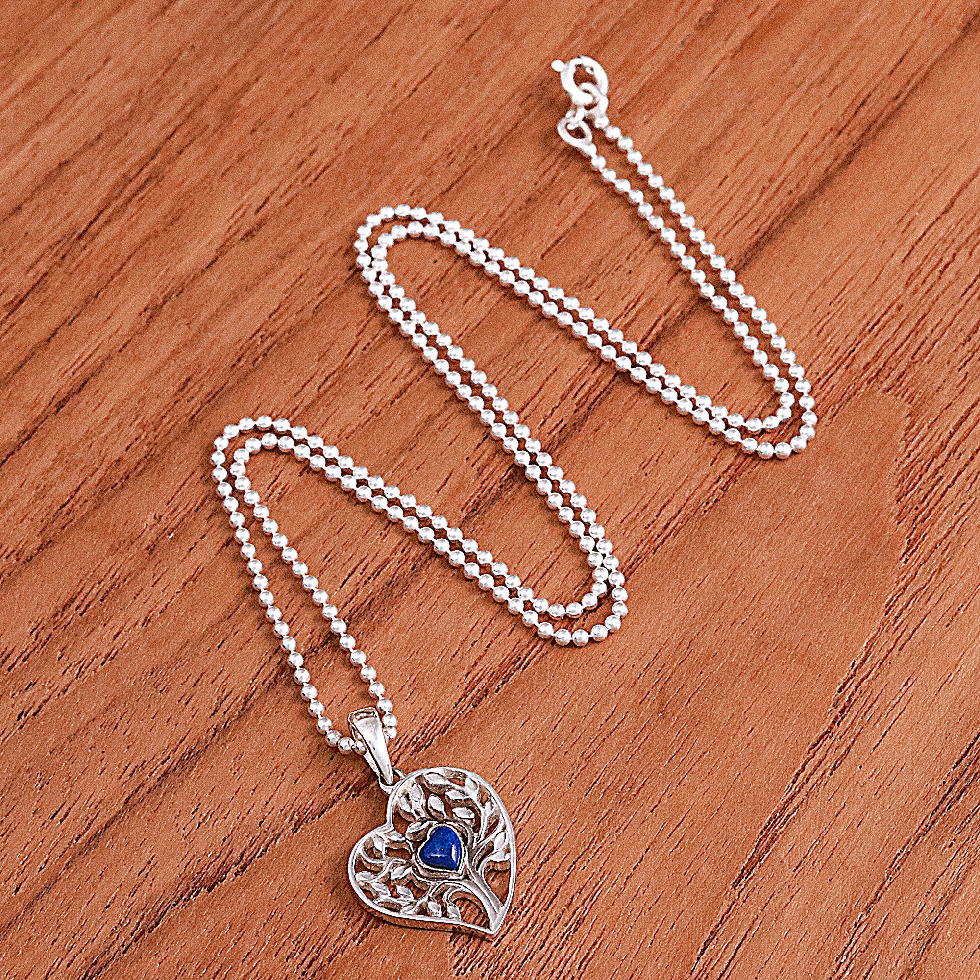 Lapis Lazuli Heart and Tree of Life-Themed Pendant Necklace - Blue Tree of Love
