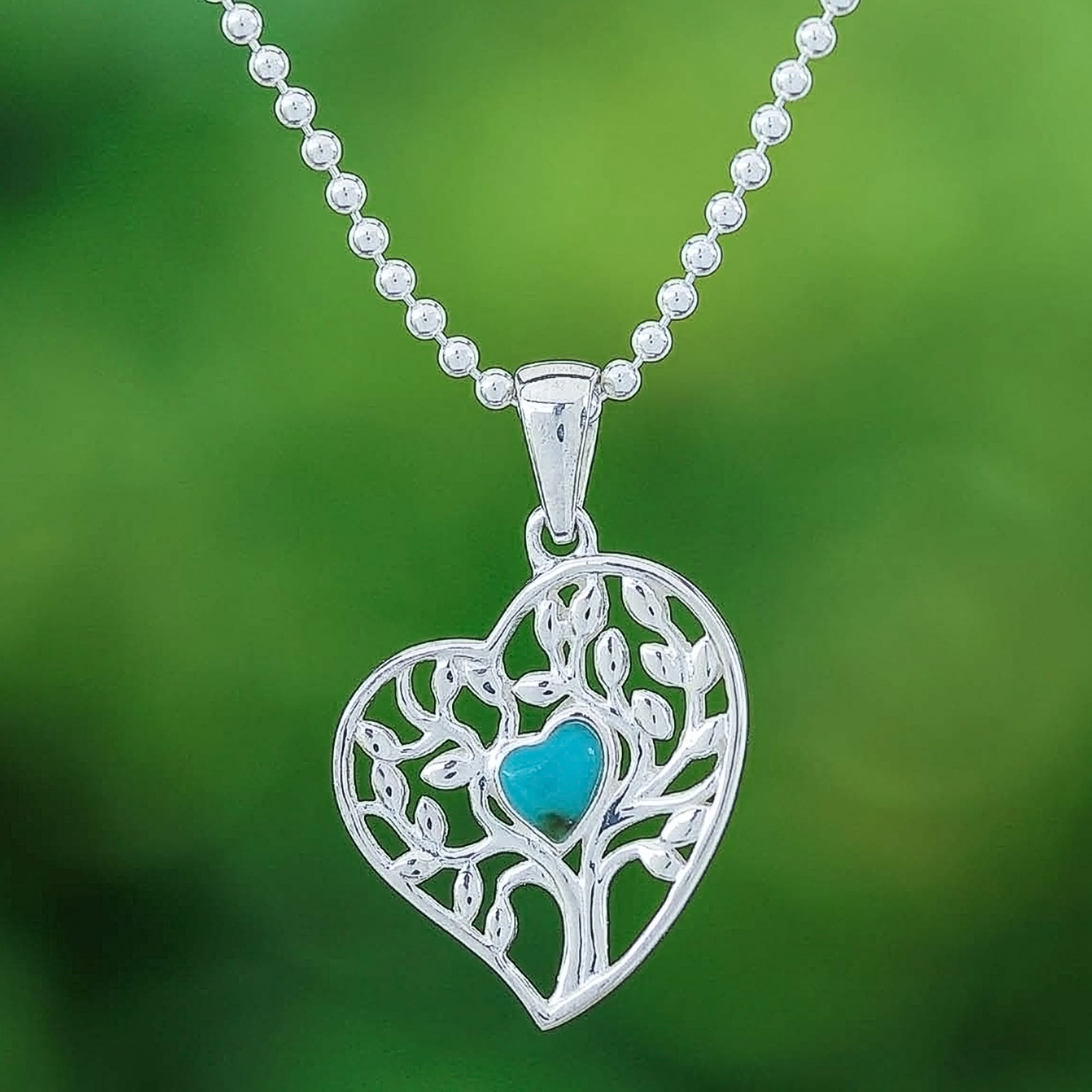 Reconstituted Turquoise Tree of Life Heart Pendant Necklace - Green Tree of Love