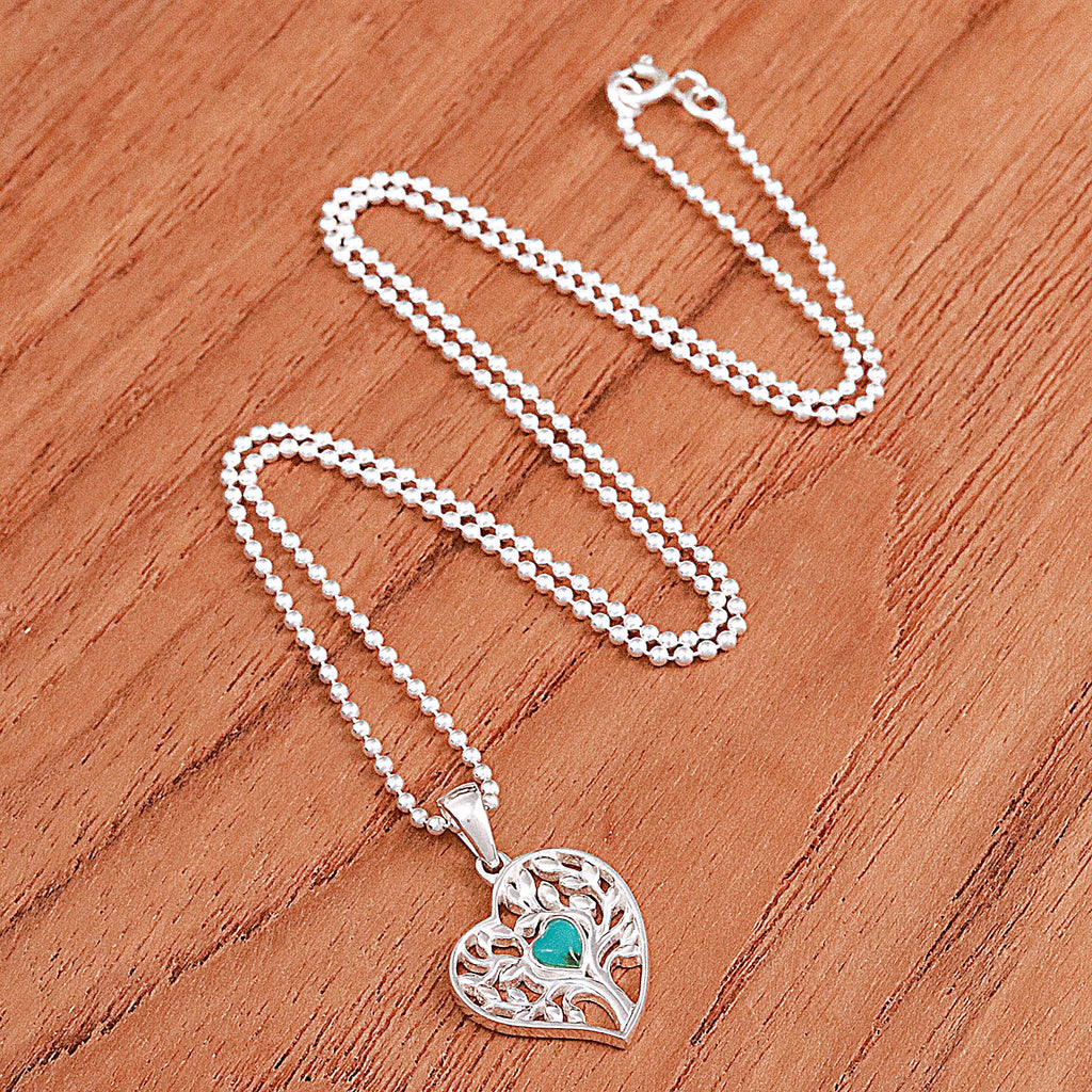 Reconstituted Turquoise Tree of Life Heart Pendant Necklace - Green Tree of Love