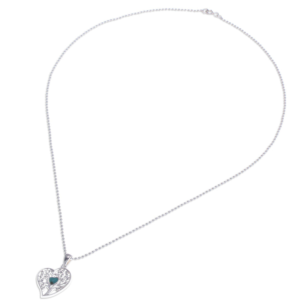 Reconstituted Turquoise Tree of Life Heart Pendant Necklace - Green Tree of Love