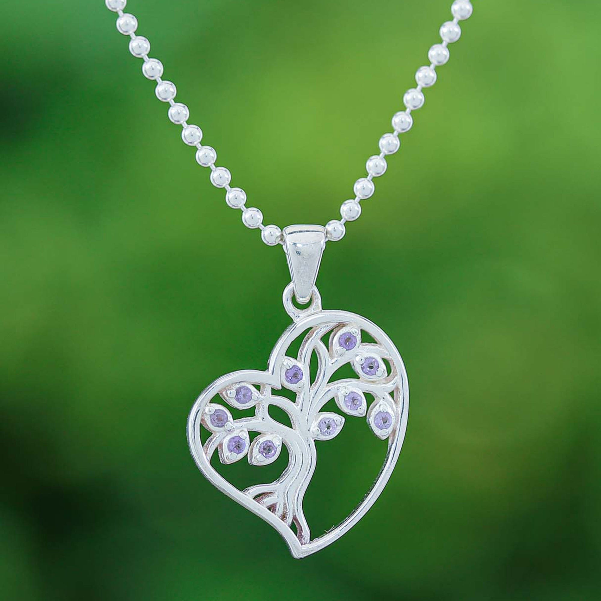 Amethyst Silver Heart Tree of Life-Themed Pendant Necklace - Radiant Heart Tree