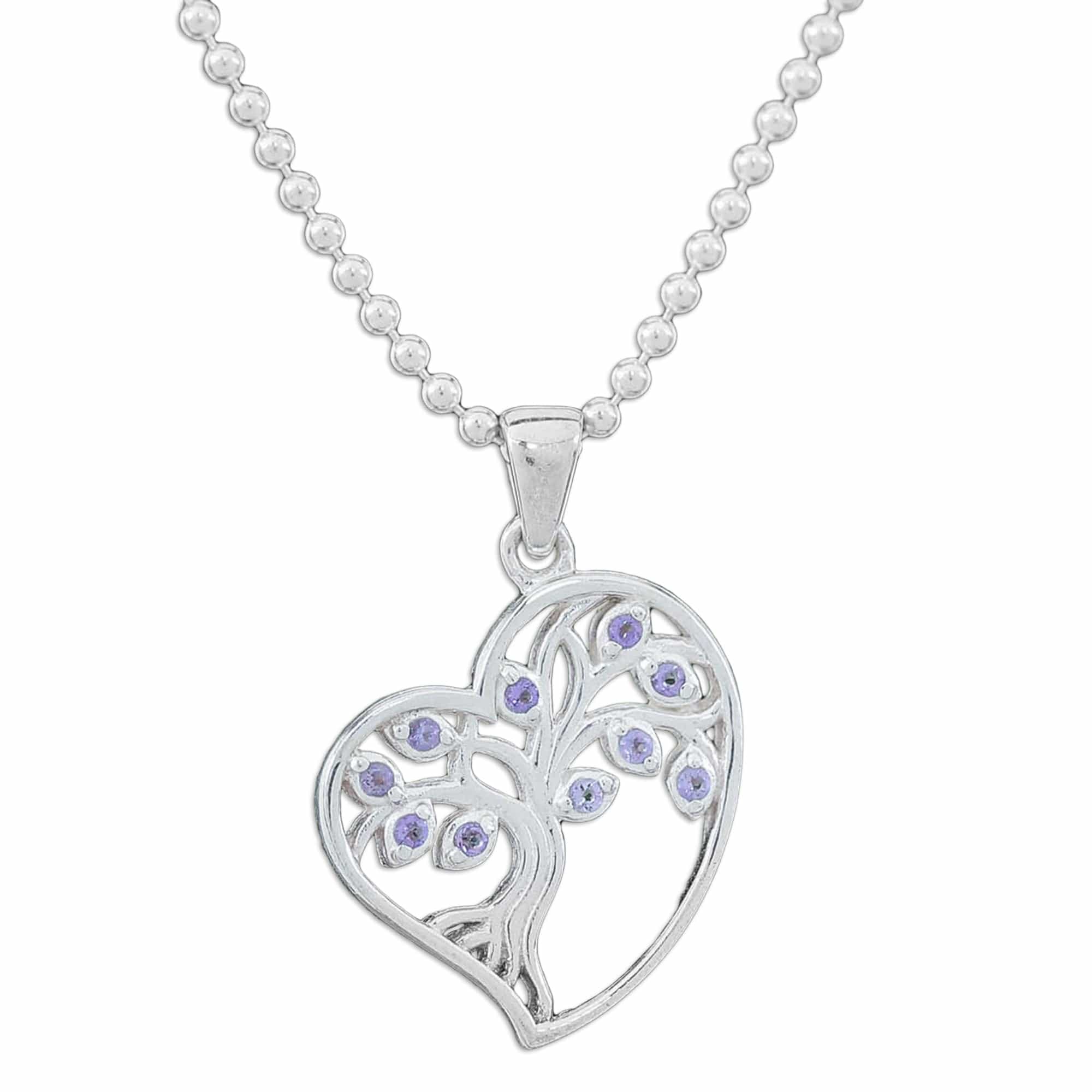 Amethyst Silver Heart Tree of Life-Themed Pendant Necklace - Radiant Heart Tree