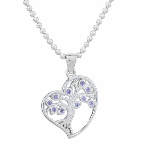Amethyst Silver Heart Tree of Life-Themed Pendant Necklace - Radiant Heart Tree